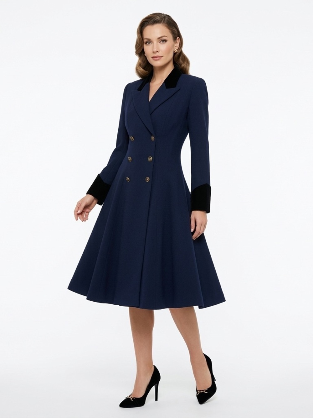 Chetta B Double Breasted Coat Dress Velvet Trim Wool Navy Blue Size 10 Medium